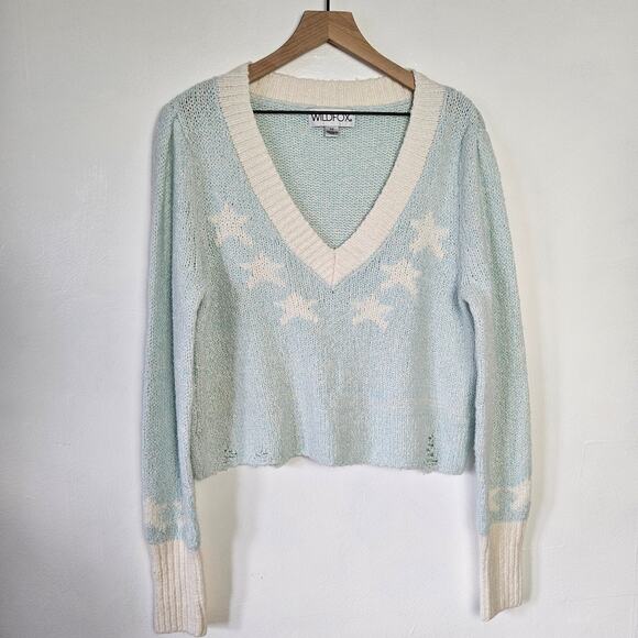 Wildfox Star Girl Ace Sweater M Blue White Distressed V-Neck - Picture 2 of 8